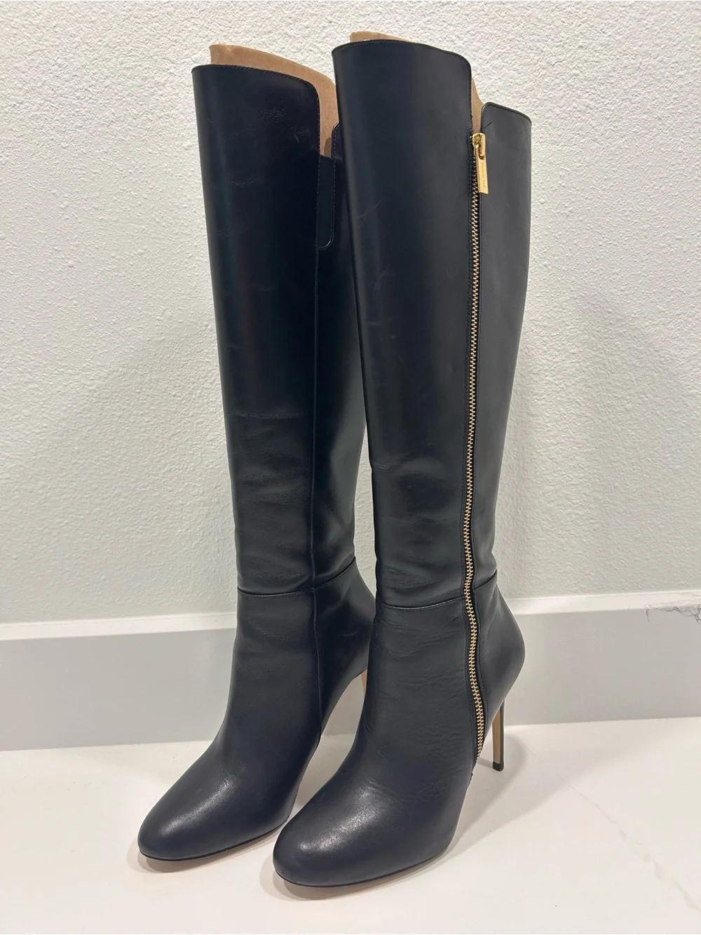 Michael Kors Black Leather Over-the-Knee Stiletto Boots with Gold Zip